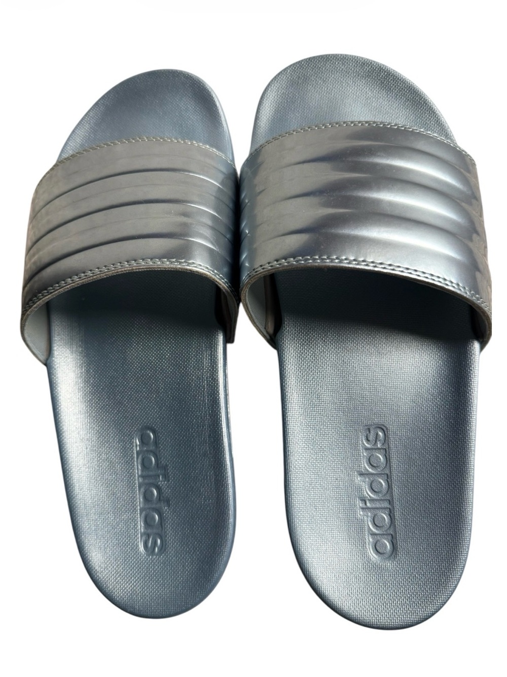 adidas Women's Metallic Silver Blue Slide Sandals Trendy casual comfortable Sz 7